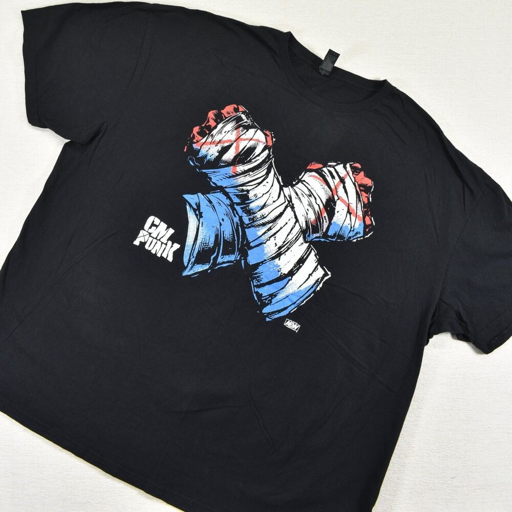 AEW CM Punk Taped Fists T-Shirt Black Chicago Flag Wrestling Graphic Tee 3XL